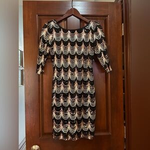 Black Gold Sequin Scallop Cocktail Dress Gatsby Art Deco 3/4 Sleeve